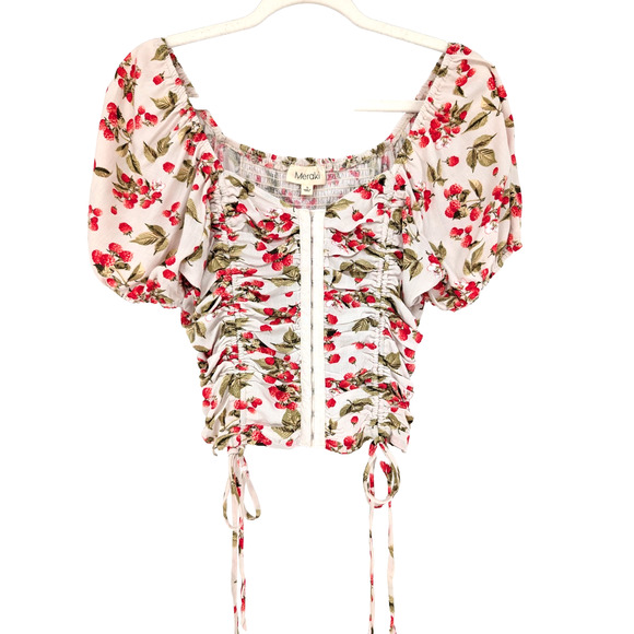 Strawberry Print Puff Sleeve Square Neck Prairie Peasant Milkmaid Corset Top L - Picture 1 of 7
